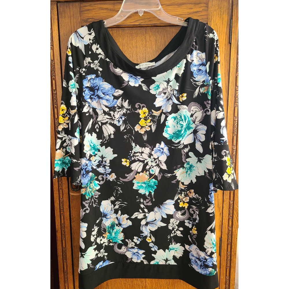 White House Black Market Floral Tunic Top Black Blue Teal 3/4 Sleeve 570204909